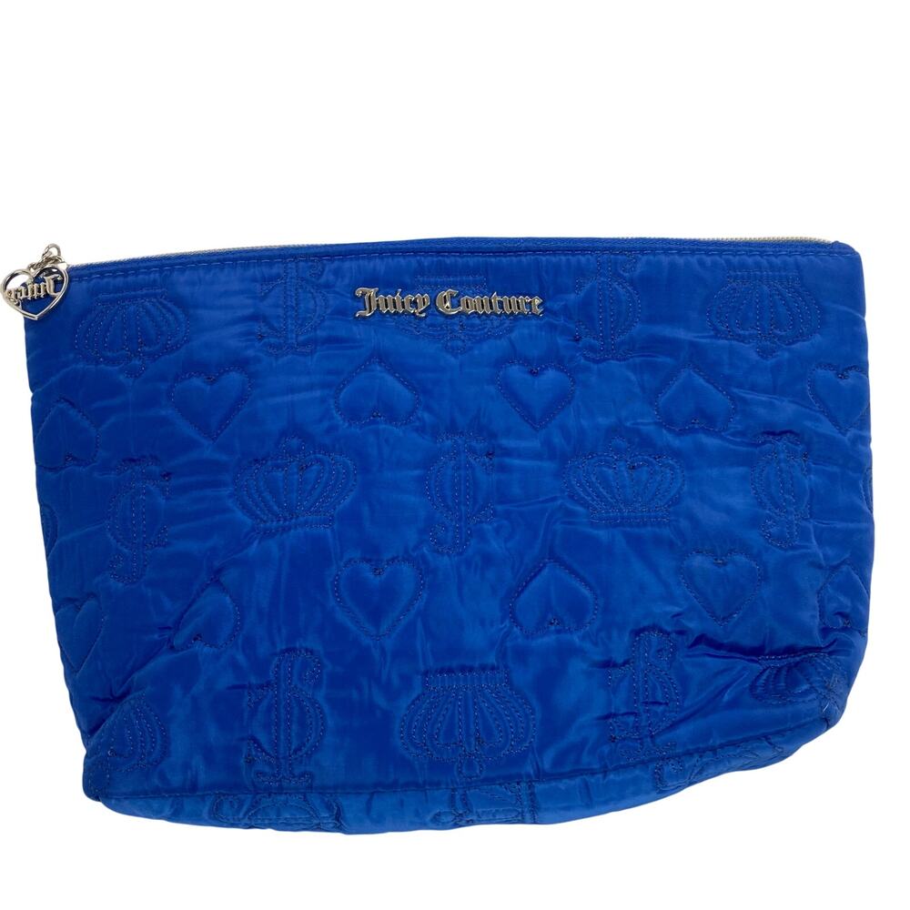 Juicy Couture Pouch Bag Royal Blue Embroidery Hearts Crown Travel Toiletries Y2K